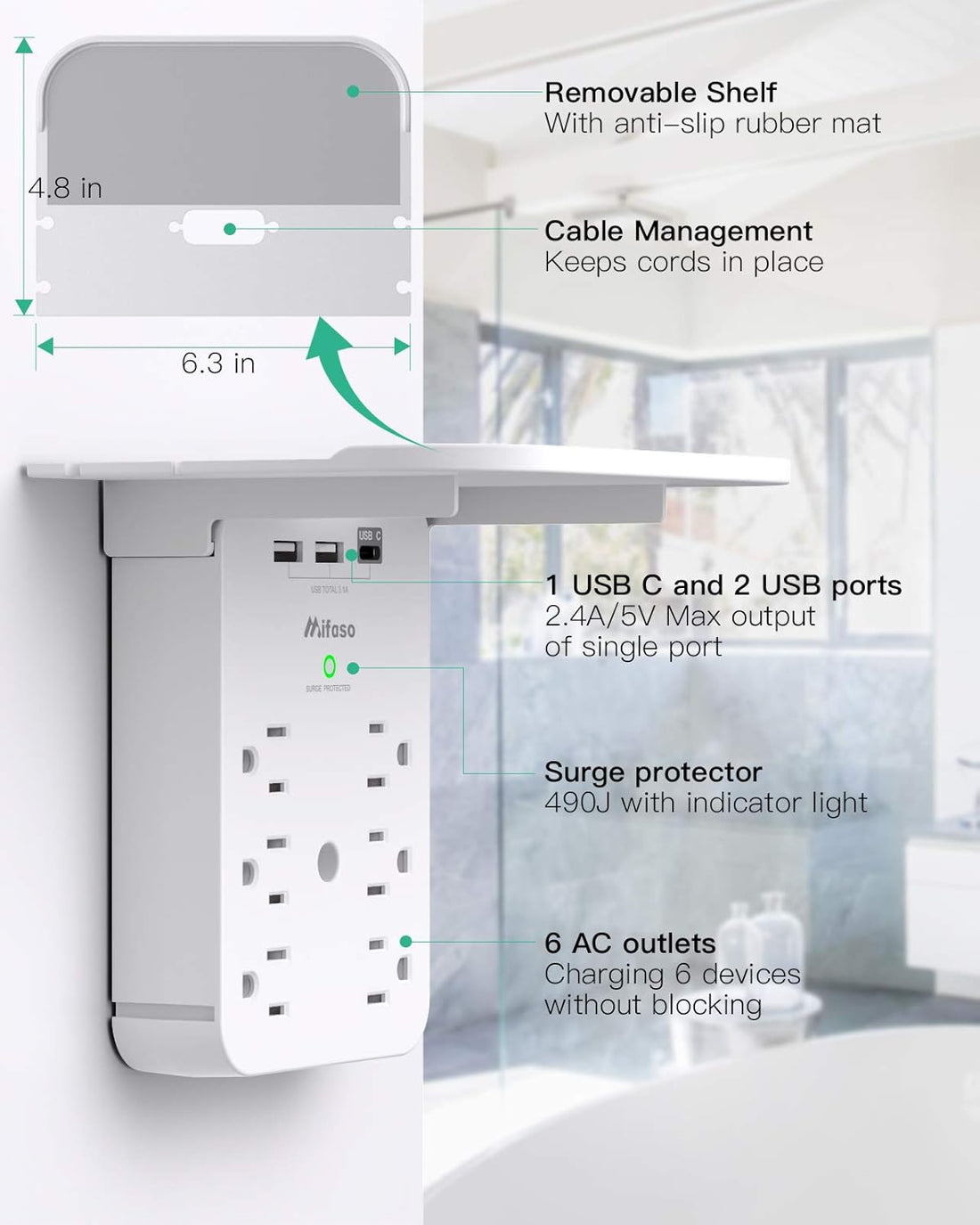 Wall Outlet Extender with Surge Protector – 6 AC Outlets with USB & USB-C Charging Ports