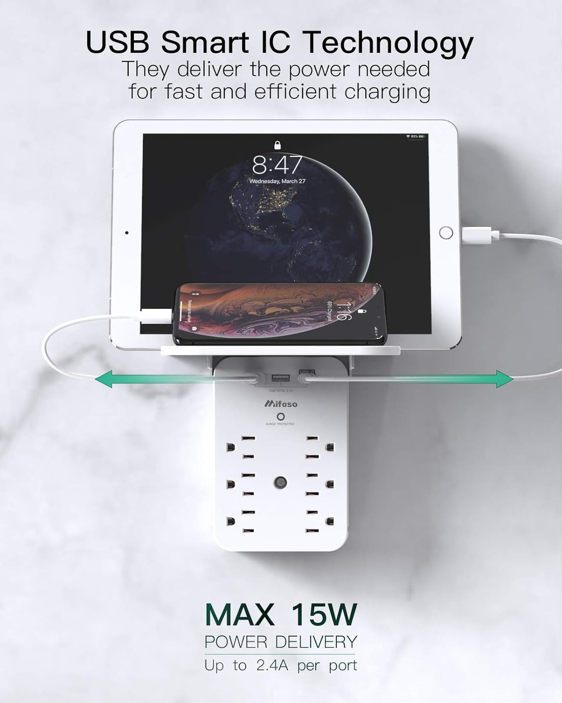 Wall Outlet Extender with Surge Protector – 6 AC Outlets with USB & USB-C Charging Ports