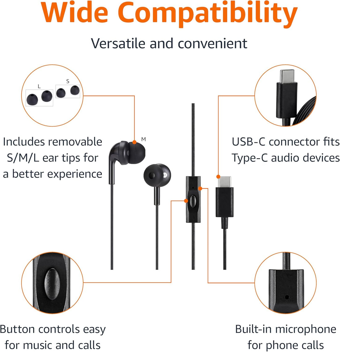 Amazon Basics USB-C Wired Earbuds with Microphone – In-Ear Headphones with Remote Control