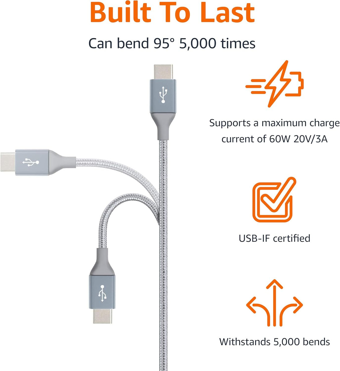 Amazon Basics USB-C to USB-C Fast Charging Cable – 60W Braided Charger Cord (10FT)