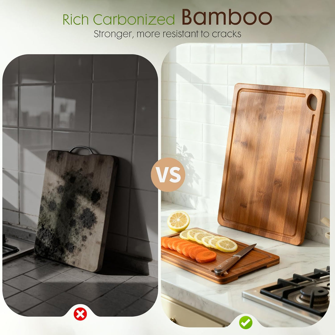 Astercook Bamboo Cutting Board Set – Deep Carbonized Wood Boards with Storage Stand