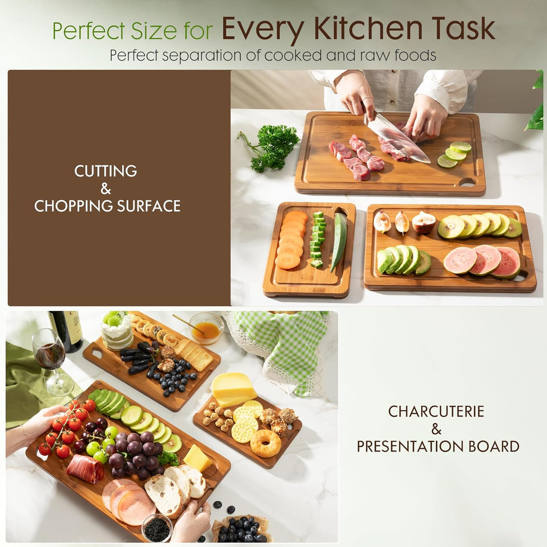 Astercook Bamboo Cutting Board Set – Deep Carbonized Wood Boards with Storage Stand