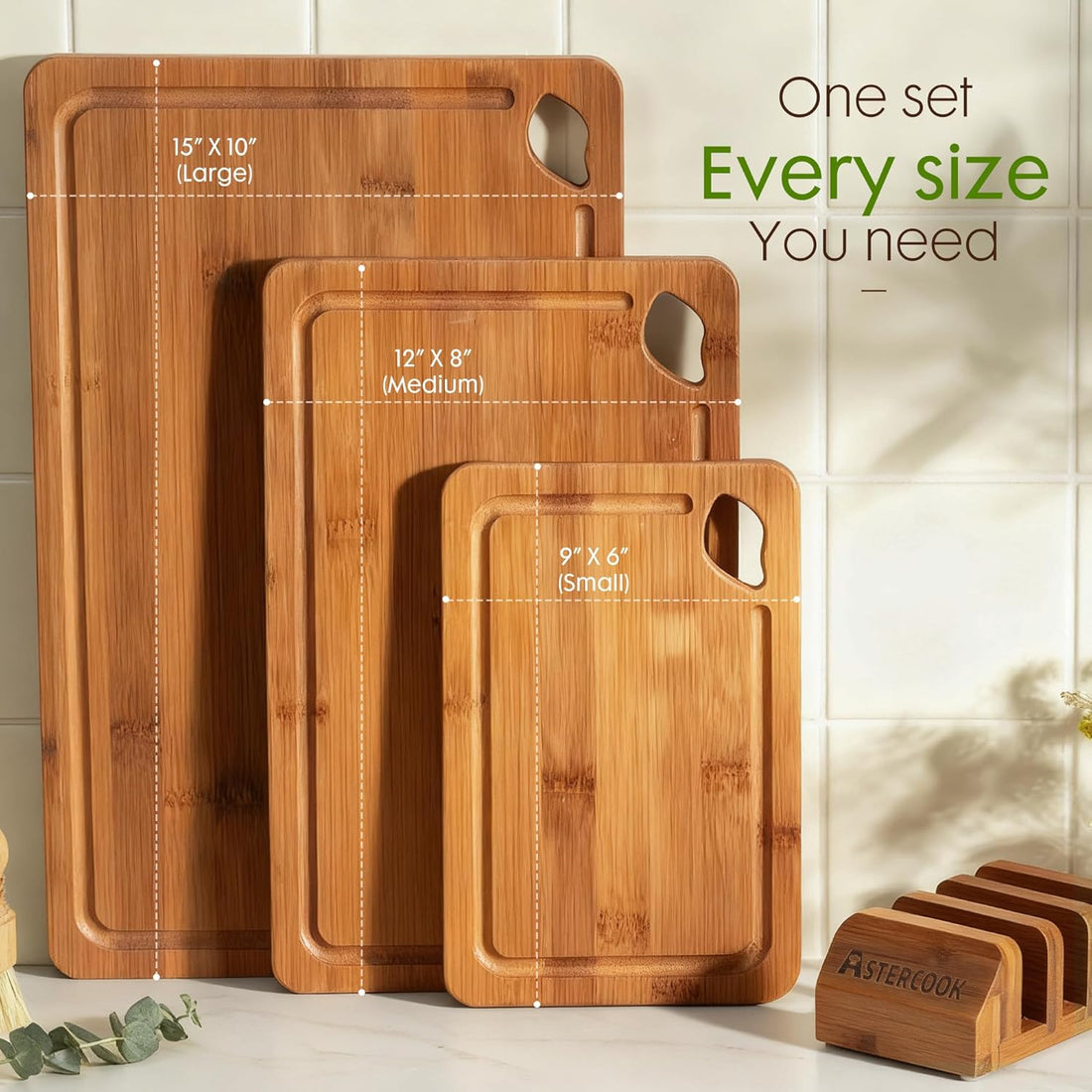 Astercook Bamboo Cutting Board Set – Deep Carbonized Wood Boards with Storage Stand