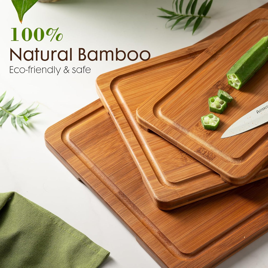 Astercook Bamboo Cutting Board Set – Deep Carbonized Wood Boards with Storage Stand