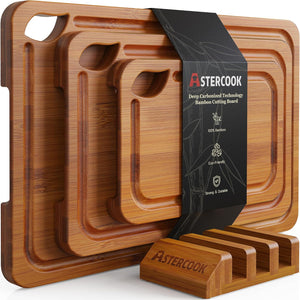 Astercook Bamboo Cutting Board Set – Deep Carbonized Wood Boards with Storage Stand