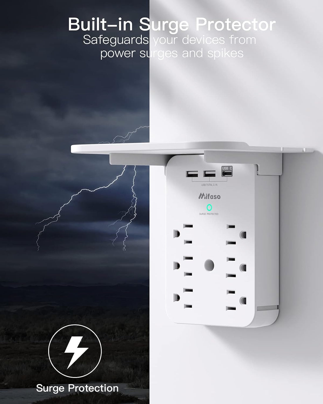 Wall Outlet Extender with Surge Protector – 6 AC Outlets with USB & USB-C Charging Ports