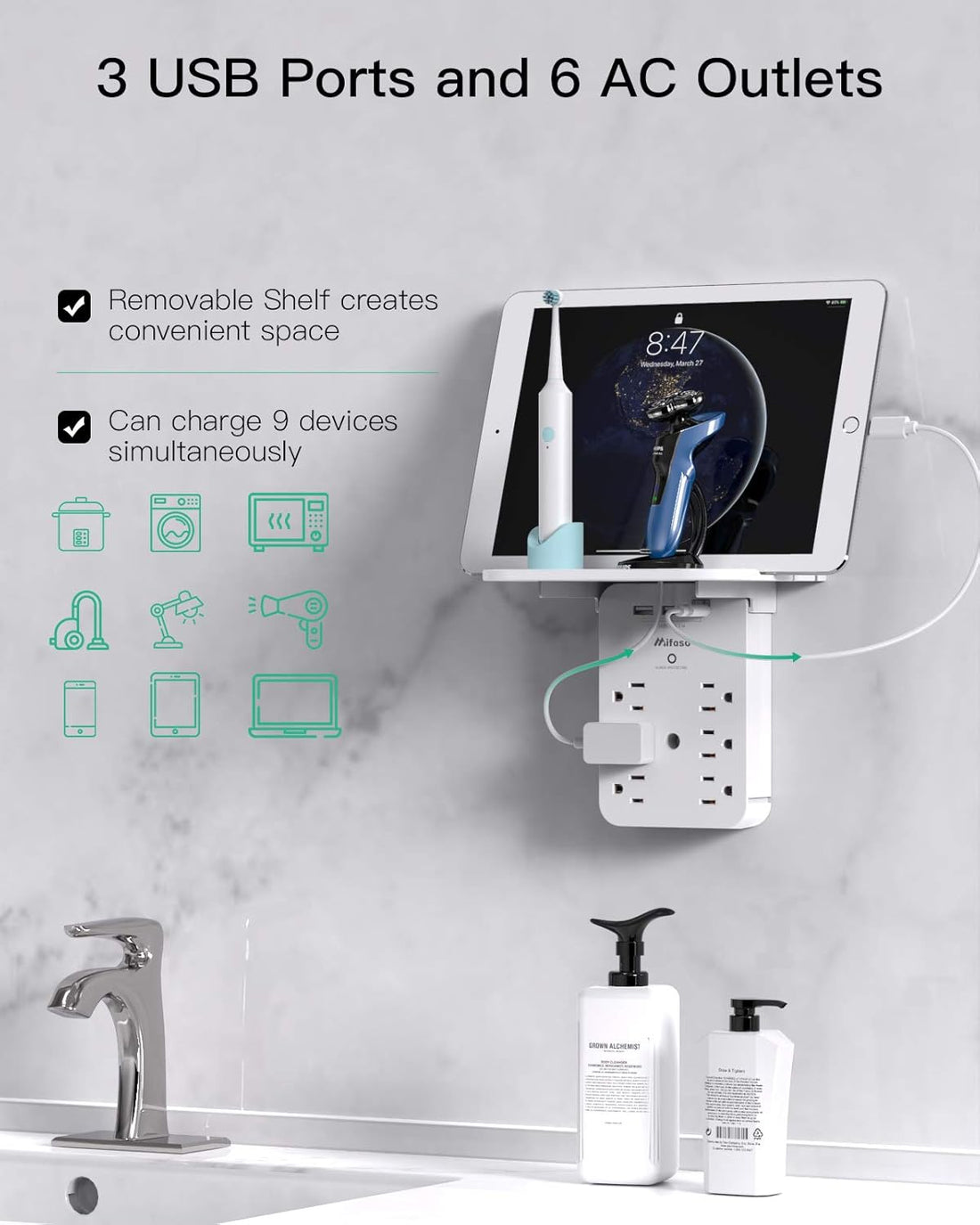 Wall Outlet Extender with Surge Protector – 6 AC Outlets with USB & USB-C Charging Ports