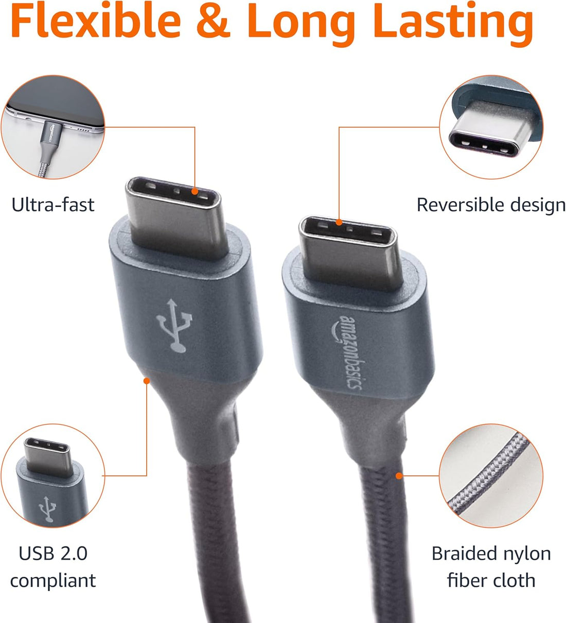 Amazon Basics USB-C to USB-C Fast Charging Cable – 60W Braided Charger Cord (10FT)