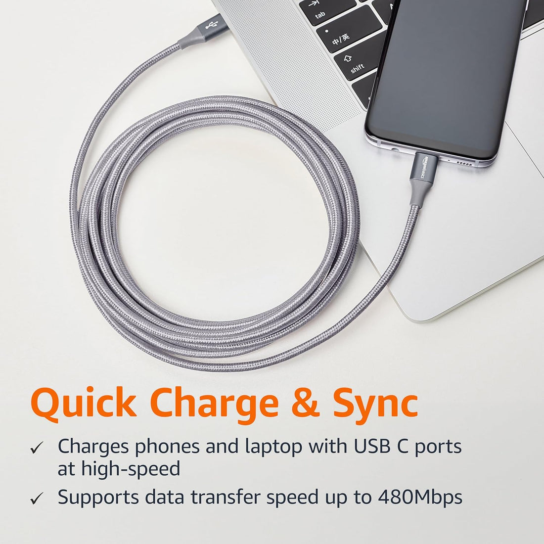Amazon Basics USB-C to USB-C Fast Charging Cable – 60W Braided Charger Cord (10FT)