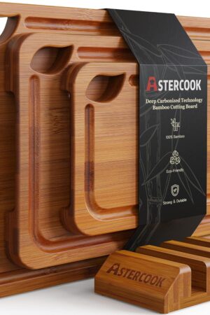 Astercook Bamboo Cutting Board Set – Deep Carbonized Wood Boards with Storage Stand